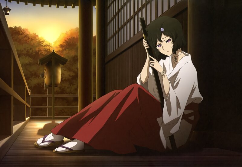 Anime girl with sword at sunset