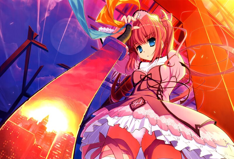anime girl with sword at sunset