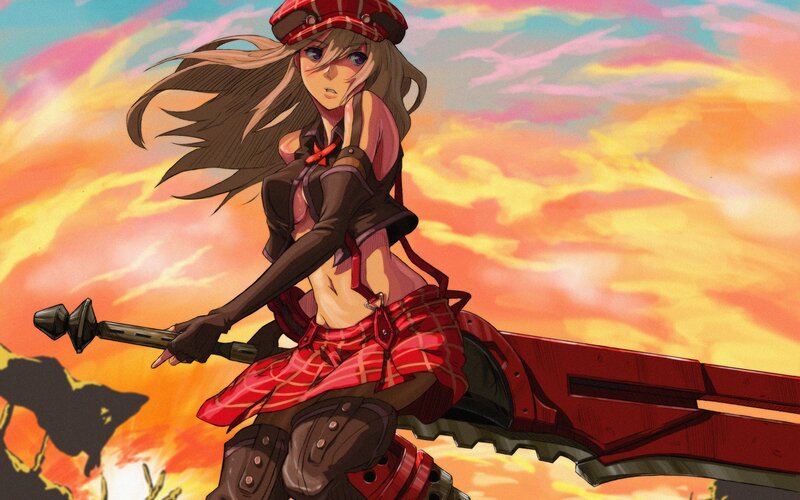 anime girl with sword at sunset
