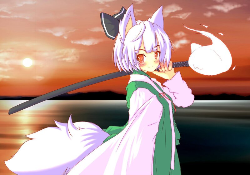 anime girl with sword at sunset