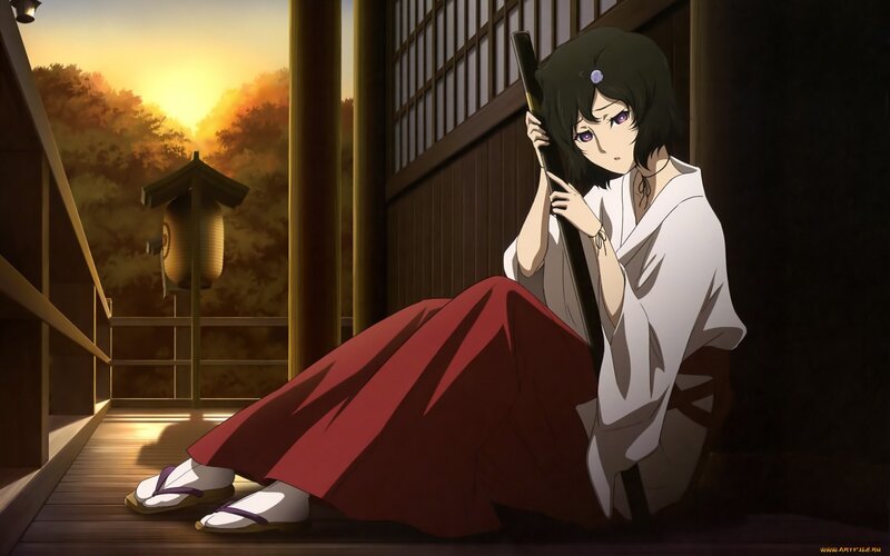 Anime girl with sword at sunset