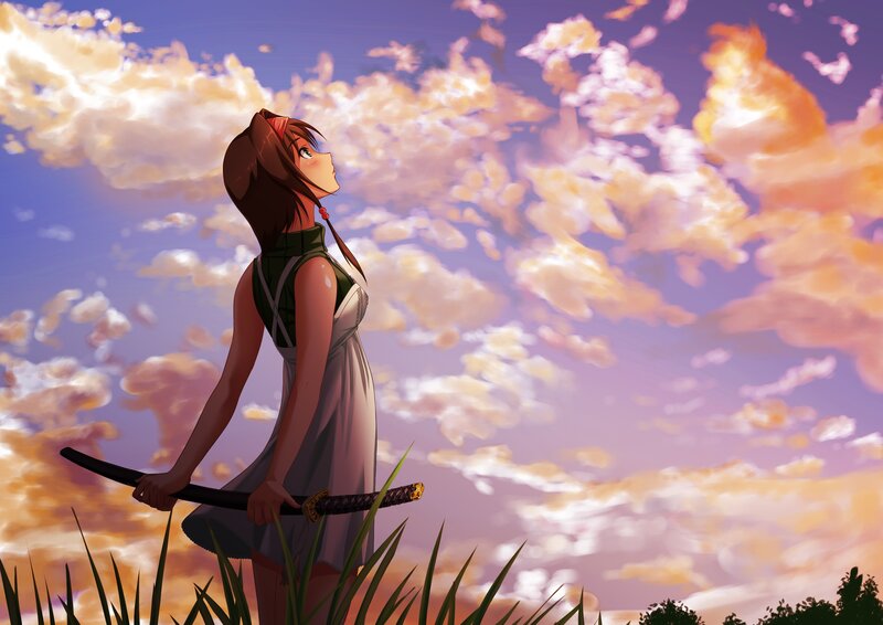 Anime girl with sword at sunset