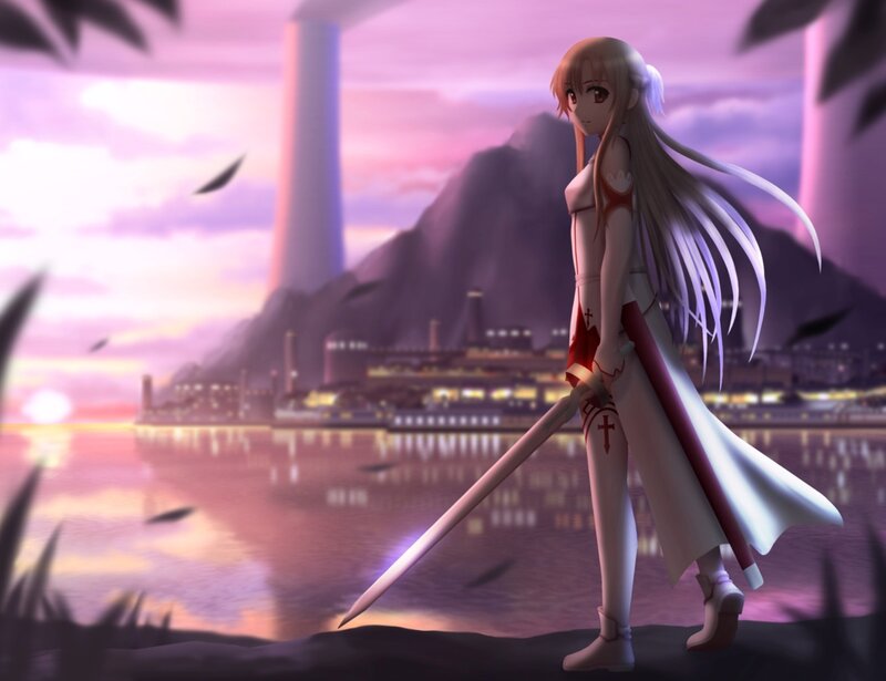 anime girl with sword at sunset