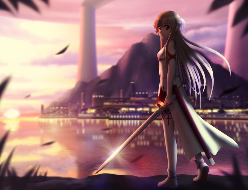 Anime girl with sword at sunset