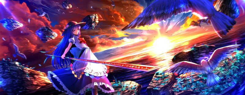 Anime girl with sword at sunset