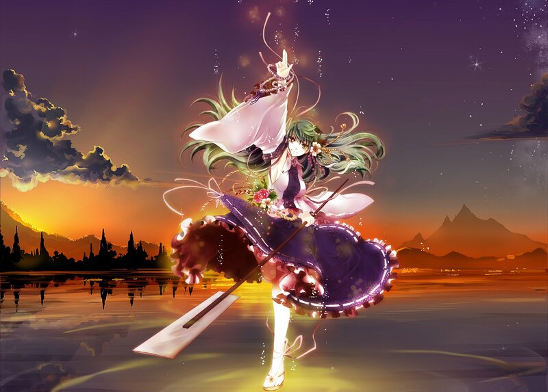 Anime girl with sword at sunset