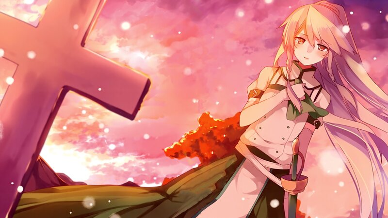 Anime girl with sword at sunset