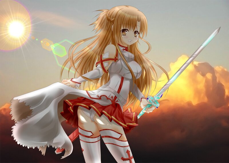 Anime girl with sword at sunset