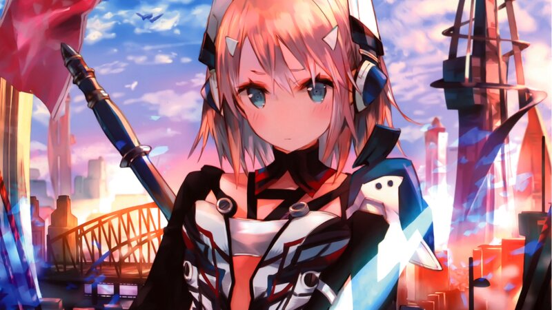 anime girl with sword at sunset