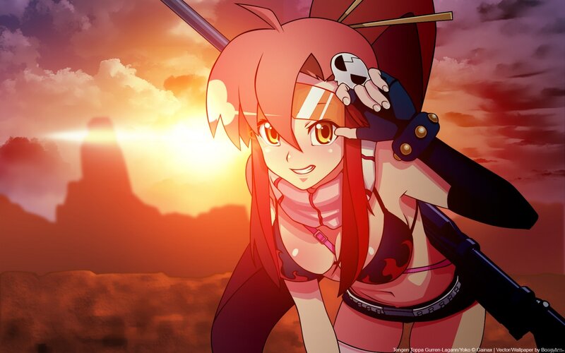 Anime girl with sword at sunset