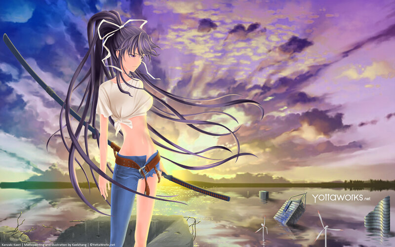 anime girl with sword at sunset