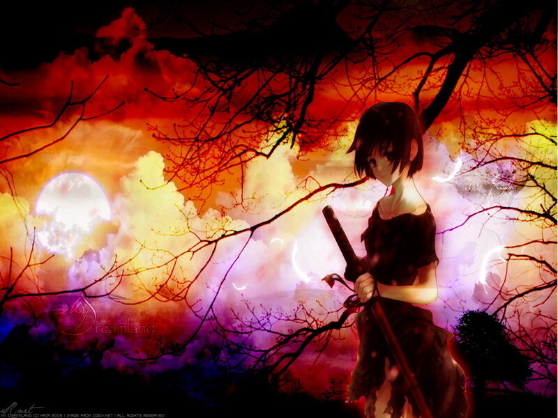 Anime girl with sword at sunset