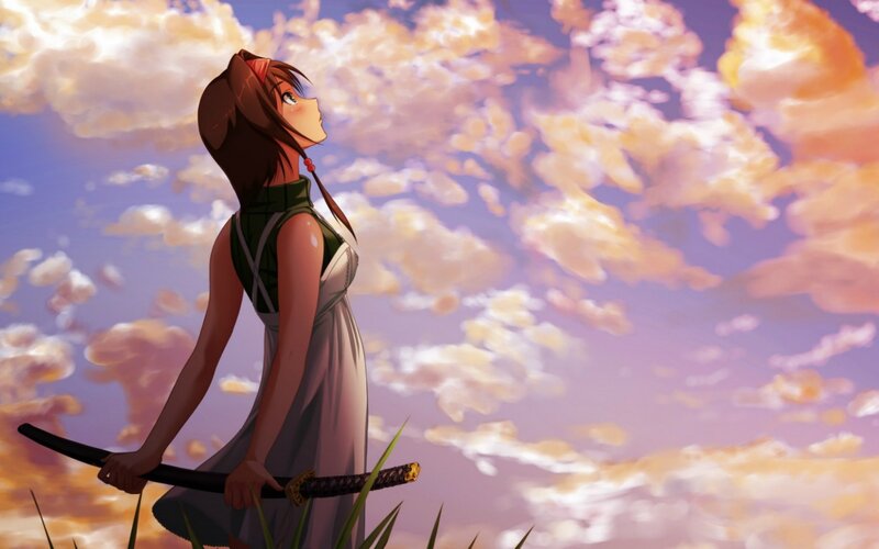 anime girl with sword at sunset