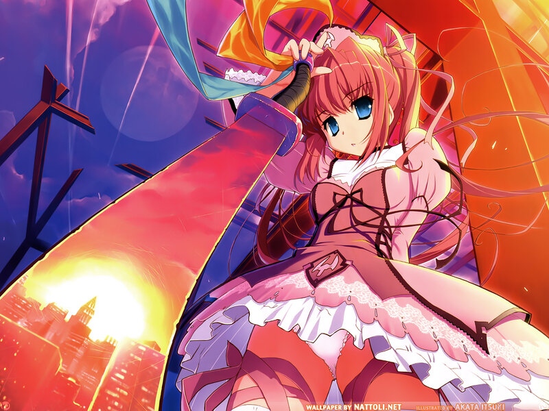 Anime girl with sword at sunset