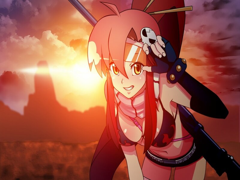 anime girl with sword at sunset
