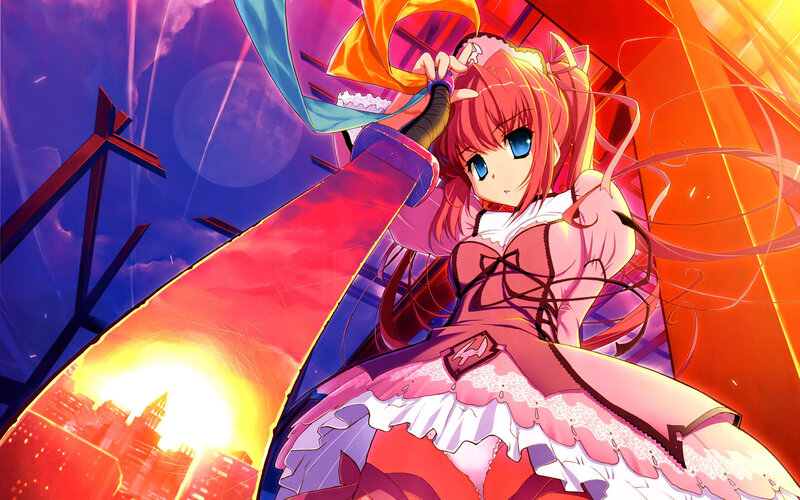 anime girl with sword at sunset