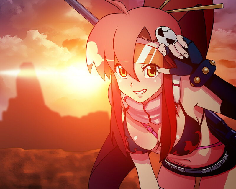 Anime girl with sword at sunset