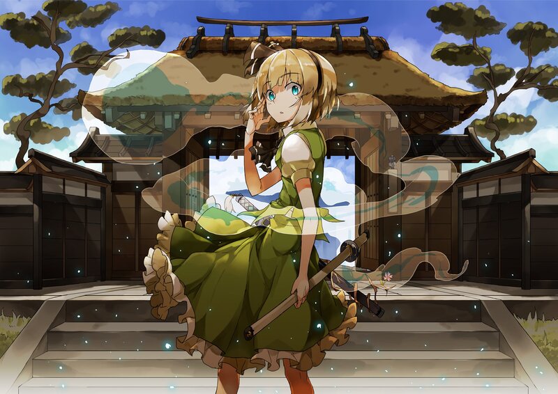 anime girl with sword at temple