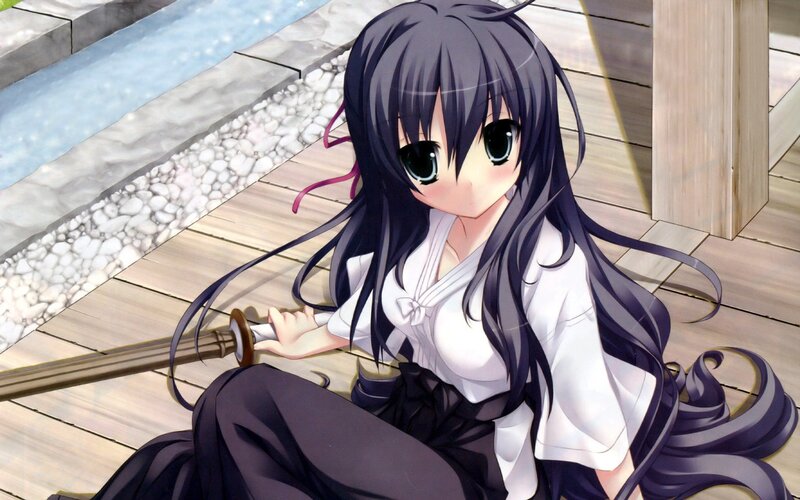 Anime Girl with Sword — Black, Calm, Afternoon, Pool, Wooden Deck