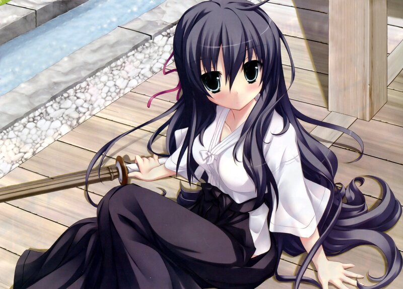 Anime Girl with Sword — Black, Calm, Afternoon, Wooden Deck