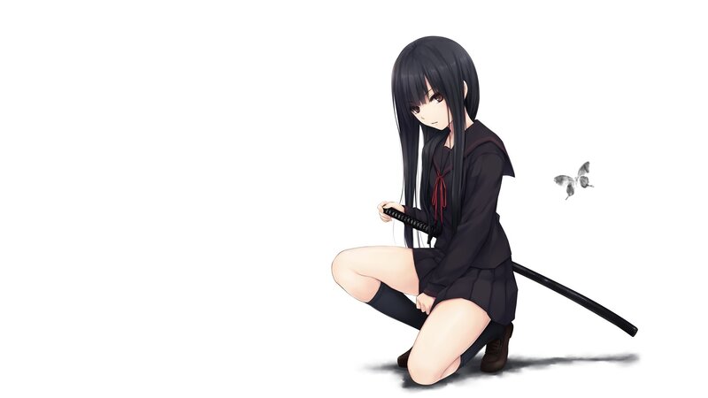 Anime Girl with Sword — Black, Calm, Butterfly