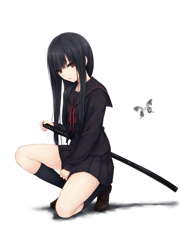 Anime Girl with Sword — Black, Calm, Digital Art, Butterfly