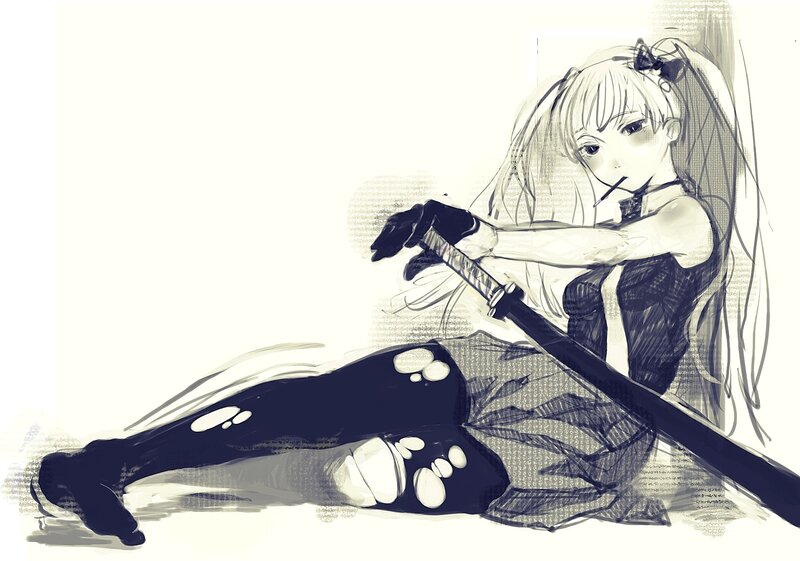 Anime Girl with Sword — Black, Calm, Digital Art, Gloves