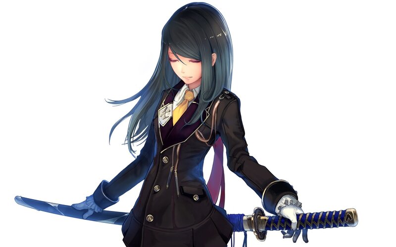Anime Girl with Sword — Black, Calm, School Uniform