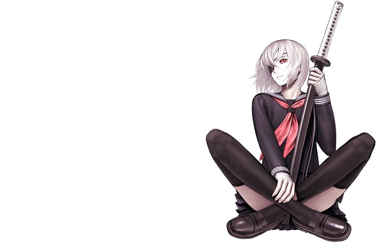 Anime Girl with Sword — Black, Calm, School Uniform, White Hair