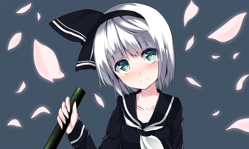 Anime Girl with Sword — Black, Calm, Spring, Petals