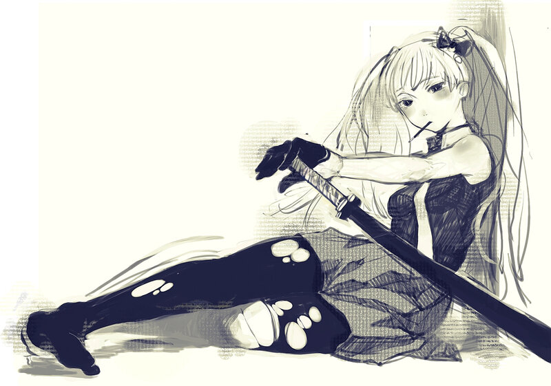 Anime Girl with Sword — Black, Calm