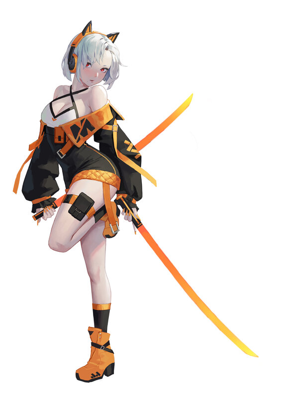 Anime Girl with Sword — Black, Confident, Digital Art, Cat Ears