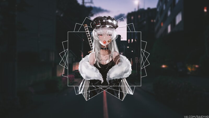 Anime Girl with Sword — Black, Dark, Night, Digital Art, Furry Coat