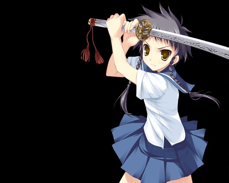 Anime Girl with Sword — Black, Determined, School Uniform, Braids