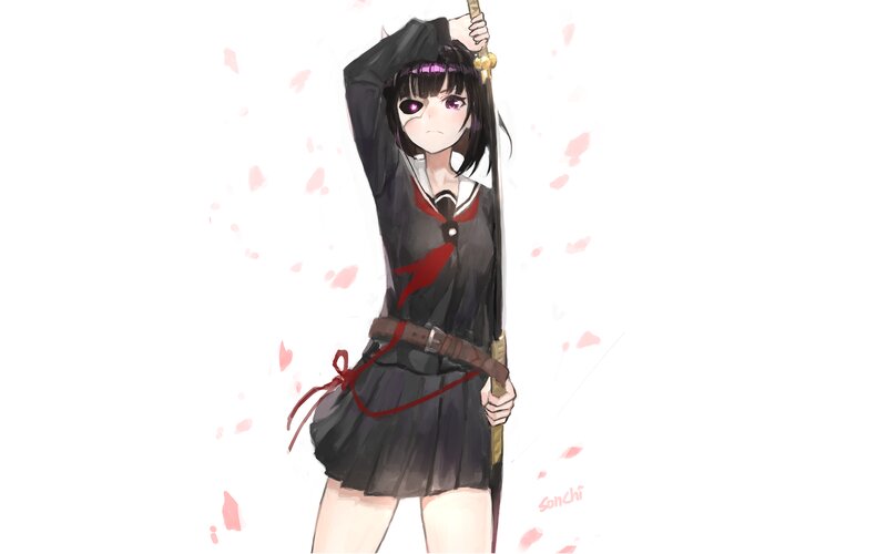 Anime Girl with Sword — Black, Determined, Spring