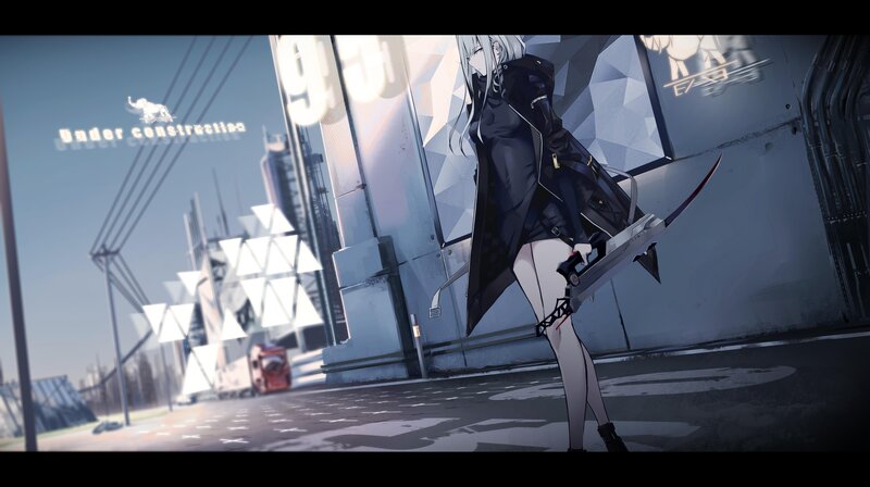 Anime Girl with Sword — Black, Dramatic, Afternoon, Digital Art, Cityscape