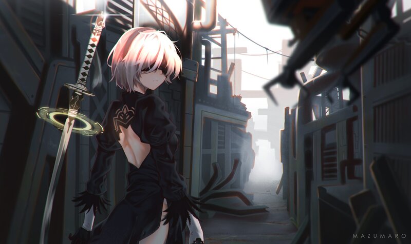 Anime Girl with Sword — Black, Dramatic, Afternoon