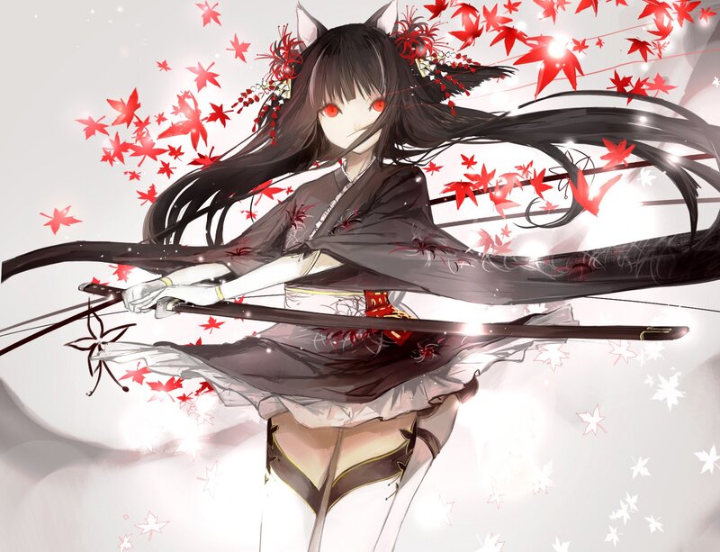 Anime Girl with Sword — Black, Dramatic, Autumn, Digital Art, Cat Ears