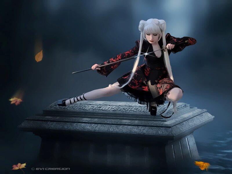 Anime Girl with Sword — Black, Dramatic, Autumn, Digital Art