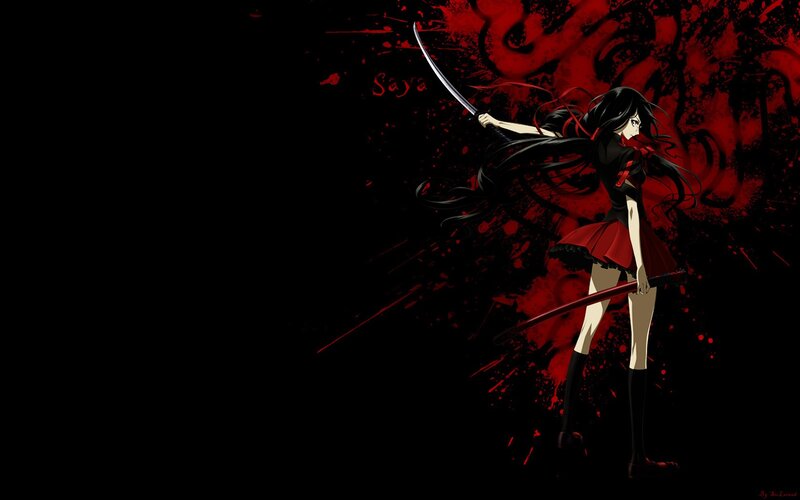Anime Girl with Sword — Black, Dramatic, Blood Splatter