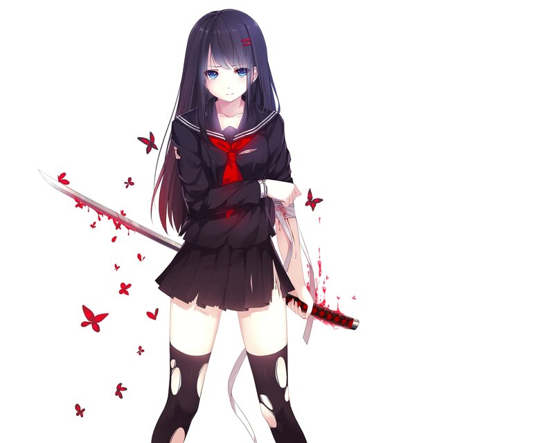 Anime Girl with Sword — Black, Dramatic, Butterflies, School Uniform