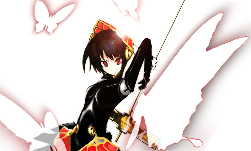Anime Girl with Sword — Black, Dramatic, Butterflies