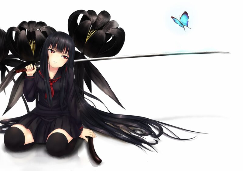 Anime Girl with Sword — Black, Dramatic, Butterfly