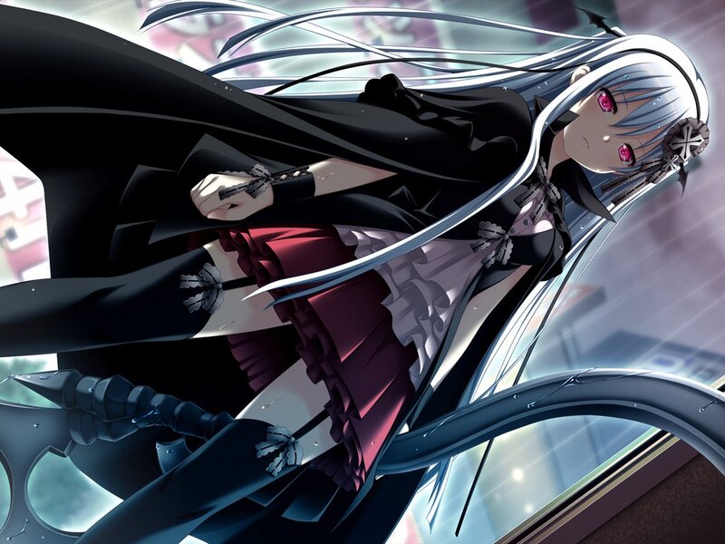Anime Girl with Sword — Black, Dramatic, Cloak