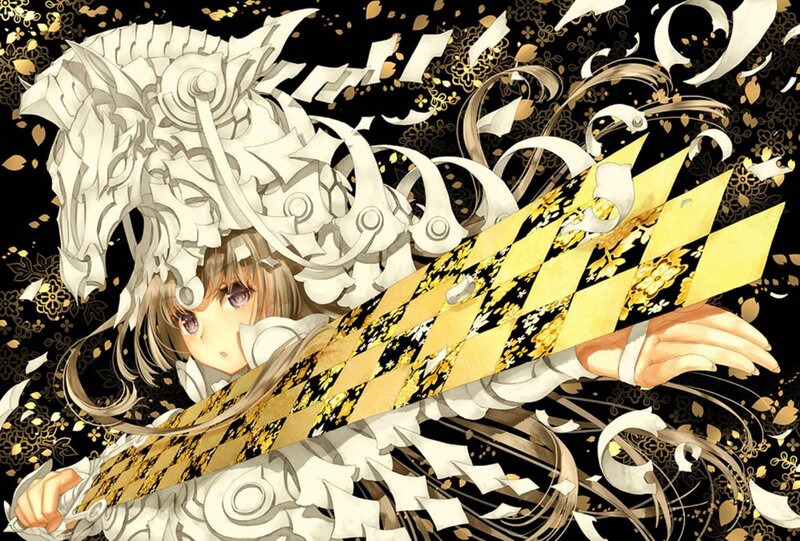 Anime Girl with Sword — Black, Dramatic, Digital Art, Armor, Flowers