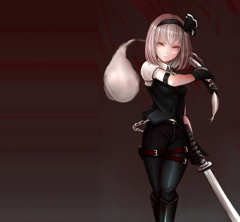 Anime Girl with Sword — Black, Dramatic, Digital Art, Black Bow