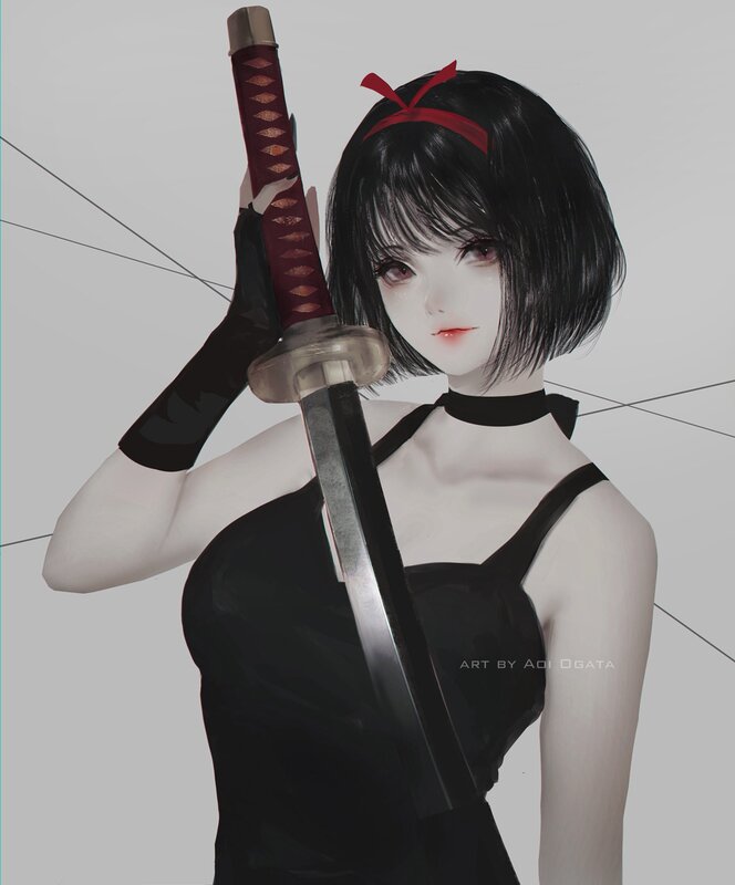 Anime Girl with Sword — Black, Dramatic, Digital Art, Black Dress, Red Ribbon