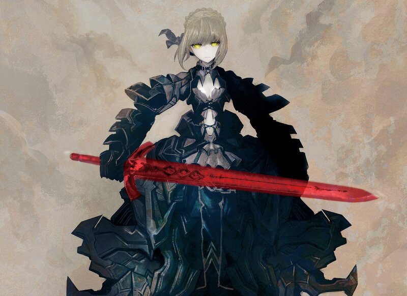 Anime Girl with Sword — Black, Dramatic, Digital Art, Black Dress
