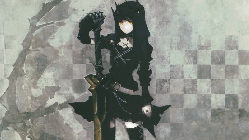 Anime Girl with Sword — Black, Dramatic, Digital Art, Black Dress, Yellow Eyes, Gray