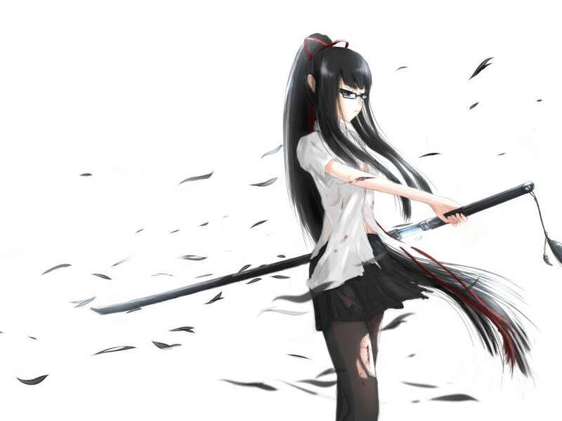 Anime Girl with Sword — Black, Dramatic, Digital Art, Blood